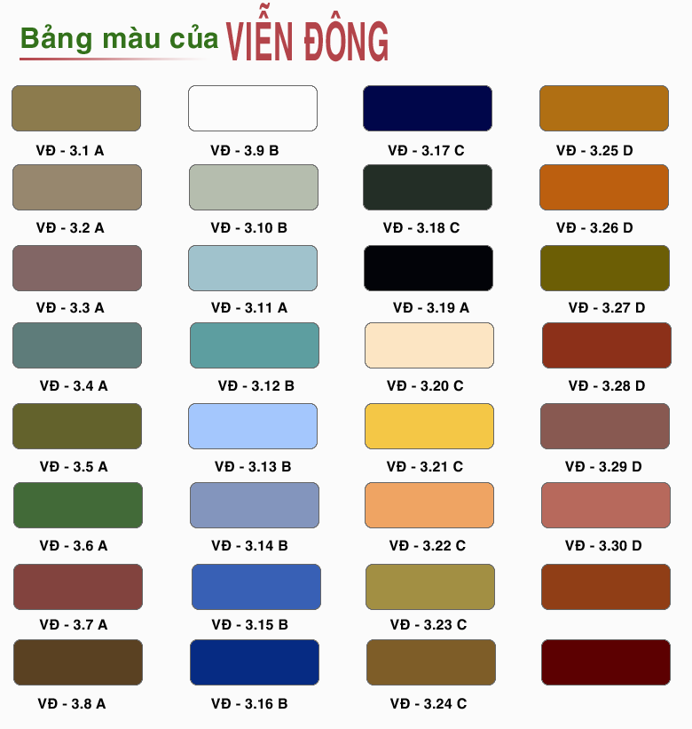 Bảng màu keo chít mạch Viễn Đông