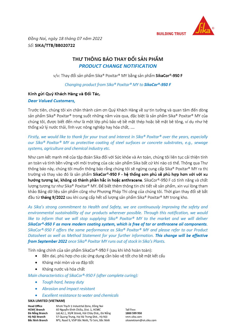 Thay đổi sản phẩm Sika Poxitar MY bằng sản phẩm SikaCor 950 F