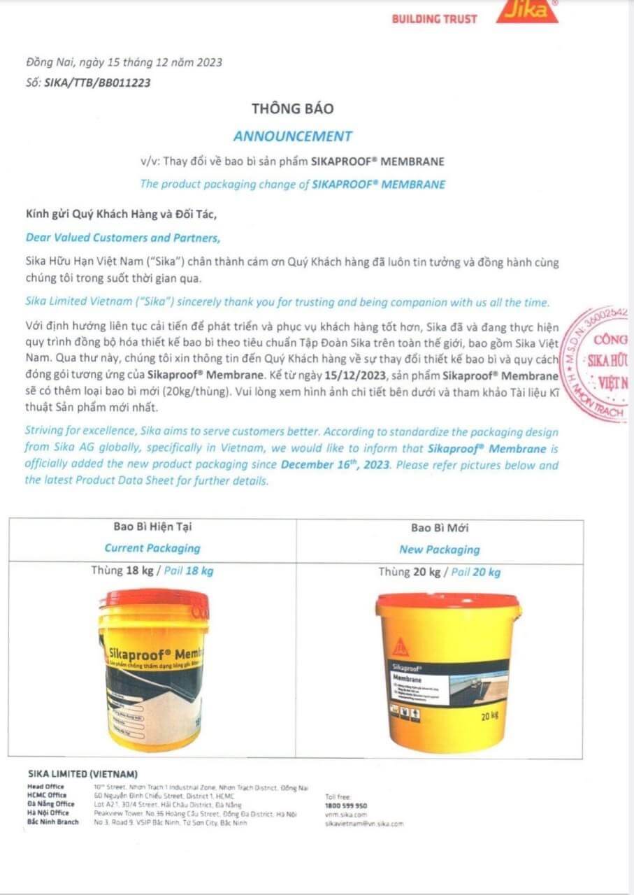 Thông báo thay đổi bao bì Sikaproof Membrane