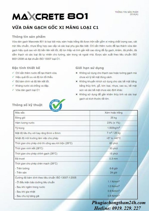 Thông tin keo dán gạch Maxcrete 801