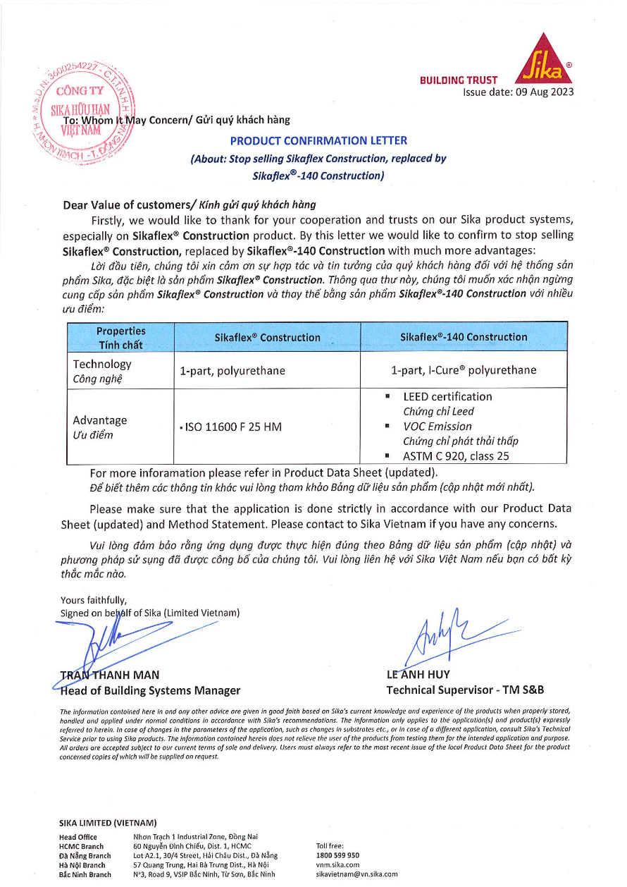 Thư thông báo thay đổi tên Sikaflex Construction thành Sikaflex 140 Construction